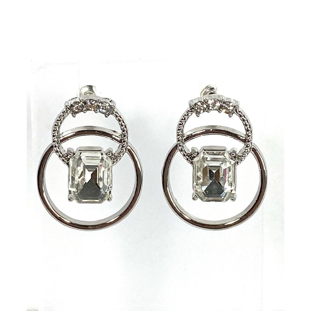 Earrings Silver Tone Rhinestones Circle Unique Bing Elegant 1”